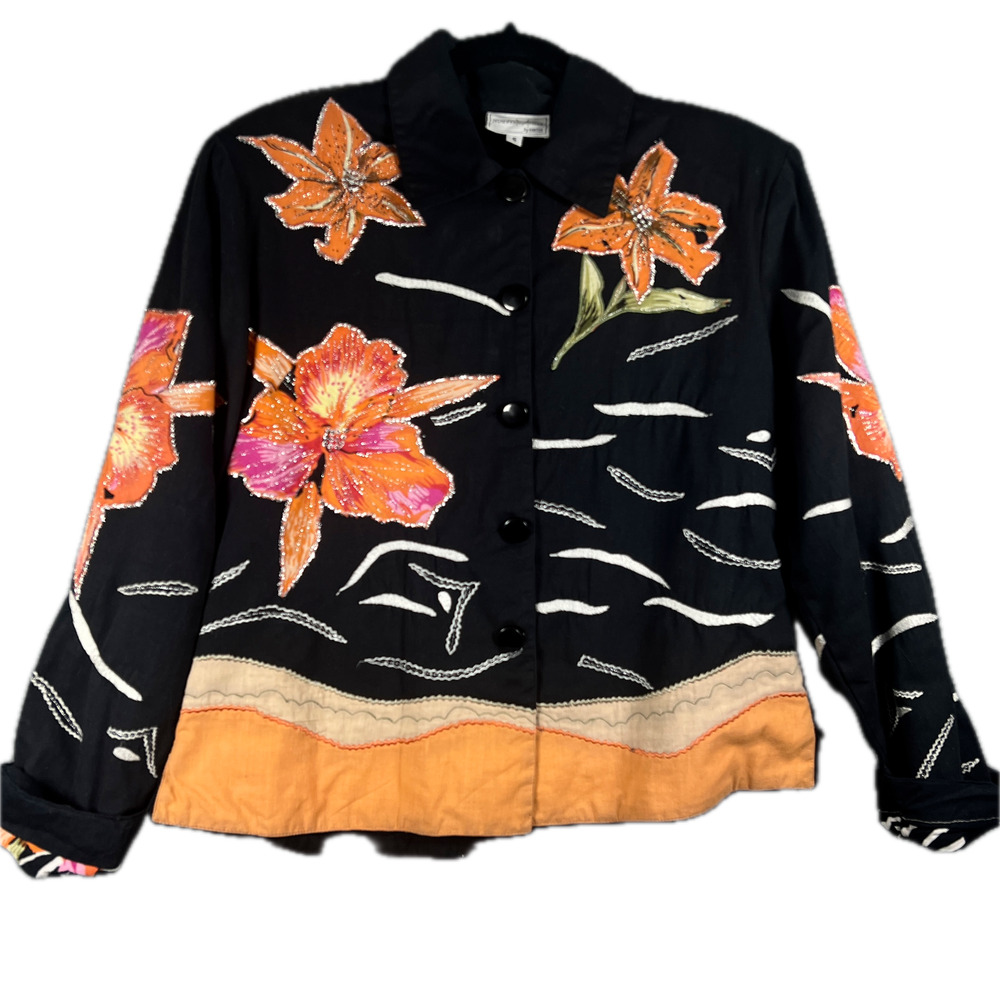 Vintage Nouveau Monde Embroidered Floral Jacket Black Orange Applique S Lined